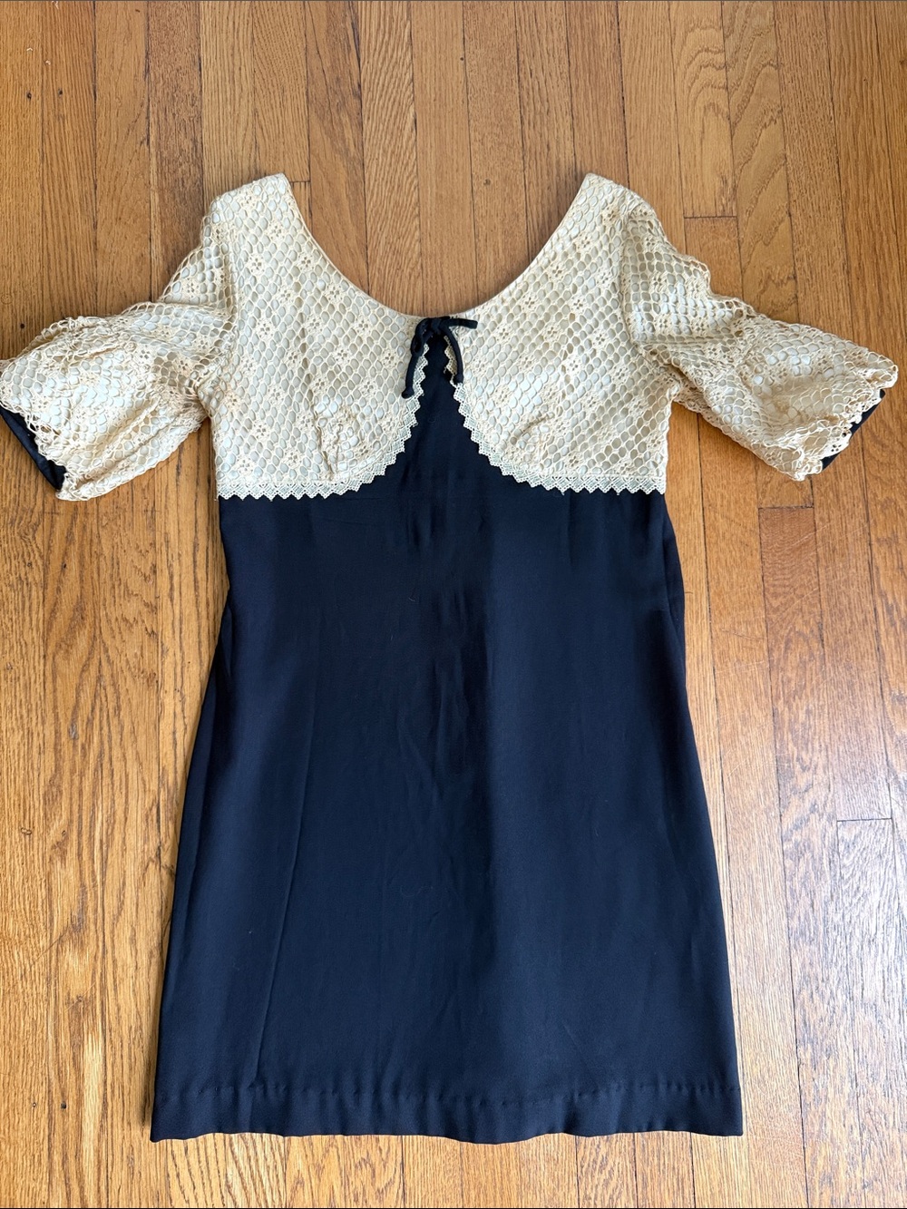 Vintage Coquette Black Mini Dress with Lace Bodice Top and Bow - Picture 4 of 4